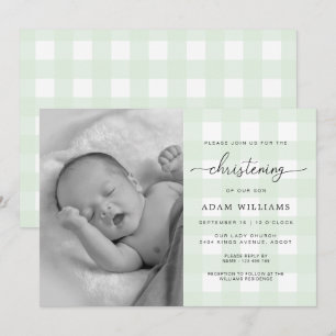 Mint Green En vichy Photo Christening Invitation