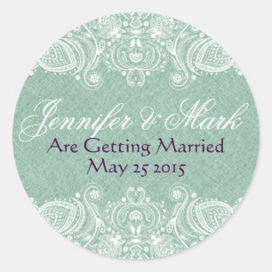 Mint-Green Faux Linen Burlap & White Paisley Lace Classic Round Sticker