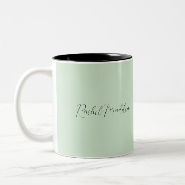 Mint Green Feminine Minimalist Script Custom Name Two-Tone Coffee Mug (Left)