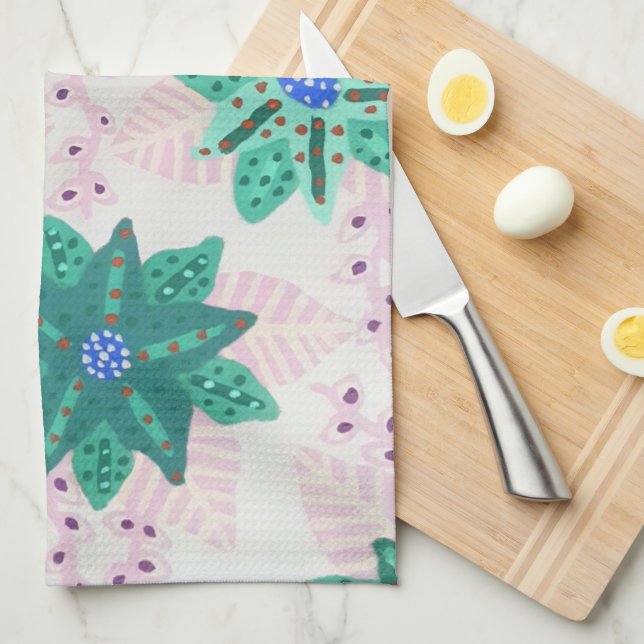 Mint Green Festive Floral Print Kitchen Towel (Quarter Fold)