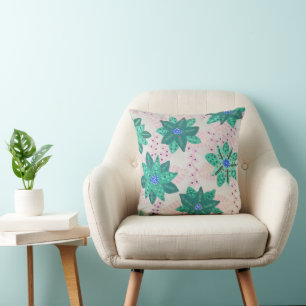 Mint Green Festive Floral Print Throw Pillow