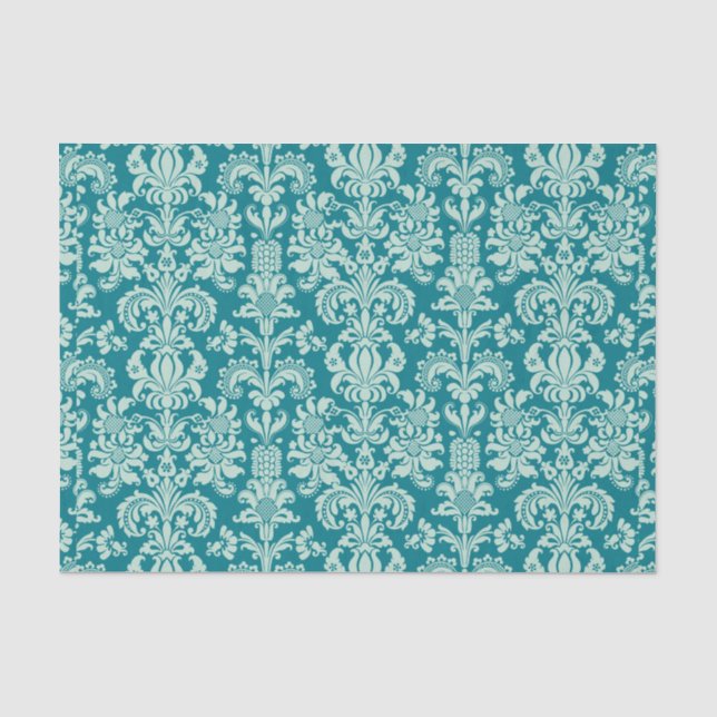 Mint-green Floral Damasks & Turquoise Background Tissue Paper (Front)