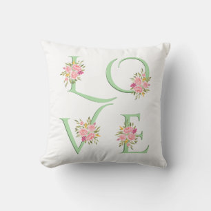 Mint green floral Love typography Valentines Day Throw Pillow
