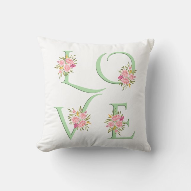 Mint green floral Love typography Valentines Day Throw Pillow (Front)