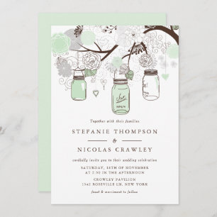 Mint Green Floral Mason Jars Wedding Invitation