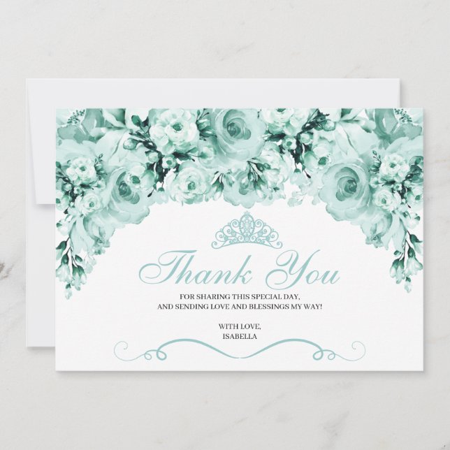 Mint Green Floral Quinceanera Thank You  (Front)