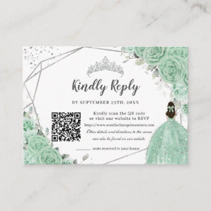Mint Green Floral Silver Quinceañera QR Code RSVP Enclosure Card