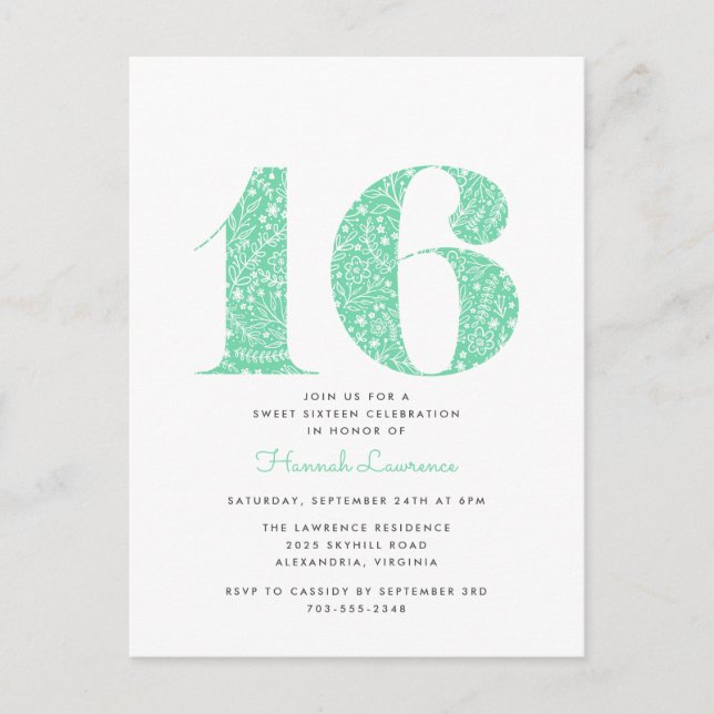 Mint Green Floral Sweet 16 Birthday Invitation Postcard (Front)
