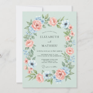 Mint Green Floral Wreath Wedding Invitation