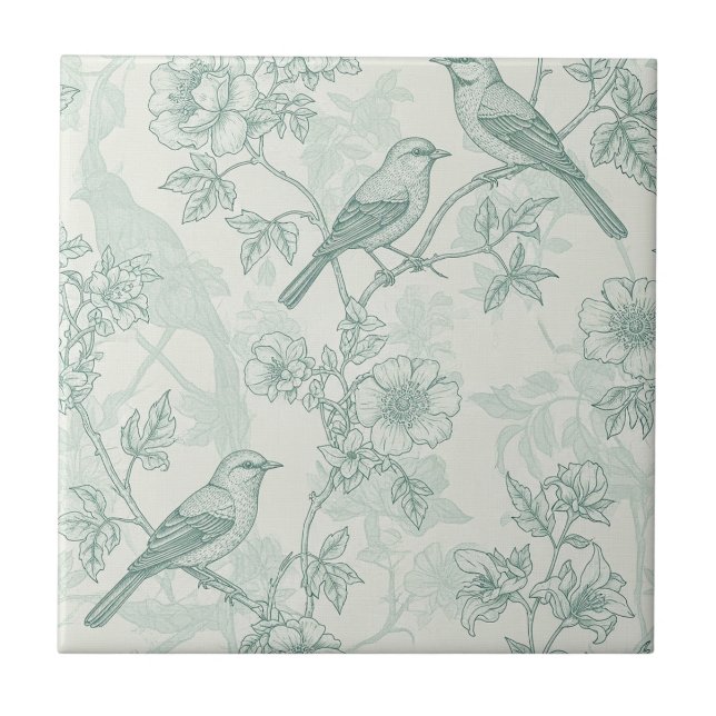 Mint Green French Country Birds and Floral Toile 2 Tile (Front)