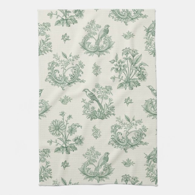 Mint Green French Country Birds and Floral Toile 4 Kitchen Towel (Vertical)