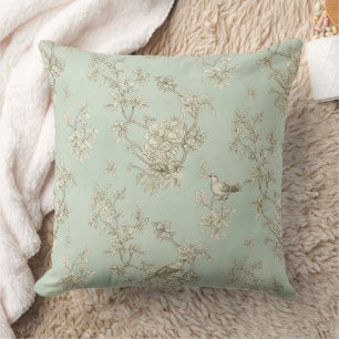 Mint Green French Country Birds and Floral Toile Throw Pillow
