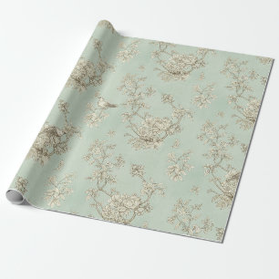 Mint Green French Country Birds and Floral Toile Wrapping Paper
