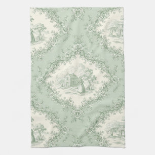 Mint Green French Country Floral Toile - Farmhouse Kitchen Towel