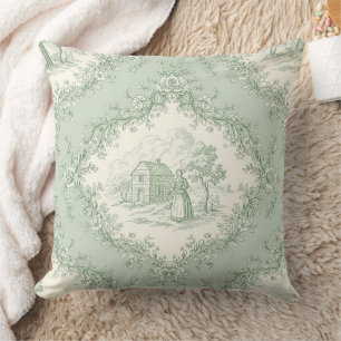 Mint Green French Country Floral Toile - Farmhouse Throw Pillow