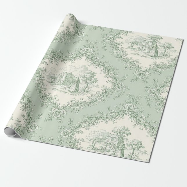 Mint Green French Country Floral Toile - Farmhouse Wrapping Paper (Unrolled)