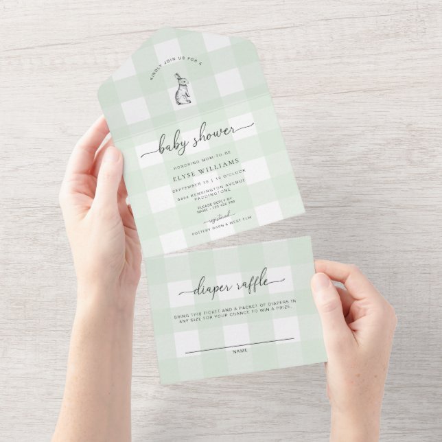 Mint Green Gingham Bunny Rabbit Baby Shower All In One Invitation (Tearaway)