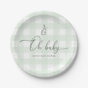 Mint Green Gingham Bunny Rabbit Baby Shower Paper Plate
