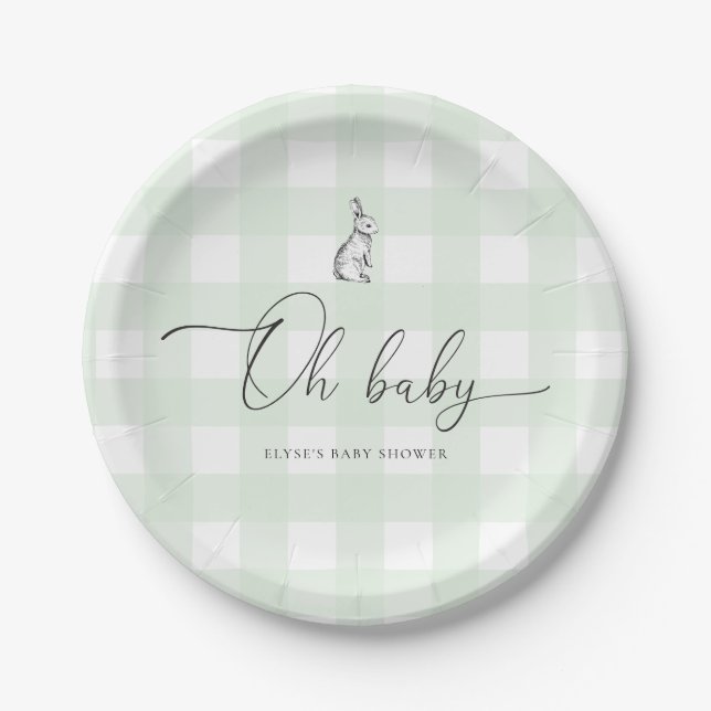 Mint Green Gingham Bunny Rabbit Baby Shower Paper Plate (Front)