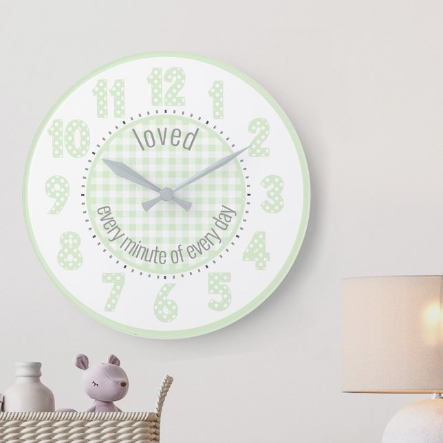 Mint Green Gingham Check and Polka Dot Numbers Large Clock (Baby nursery clock with mint gingham, polka dots and cute wording, "loved every minute of every day")
