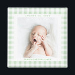 Mint Green Gingham Check Baby Birthdate Magnet<br><div class="desc">Sweet mint green and white gingham check is a charming way to frame the photo of a new baby and celebrate the arrival with a square magnet featuring the name and birthdate. Make this baby magnet for a new parent,  grandparents and family or friends.</div>