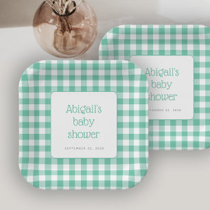 Mint Green Gingham Check Rustic Baby Shower Paper Plate