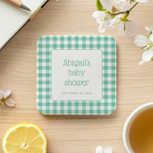 Mint Green Gingham Check Rustic Baby Shower Square Paper Coaster