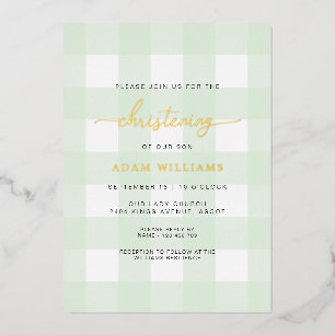 Mint Green Gingham Christening Foil Invitation