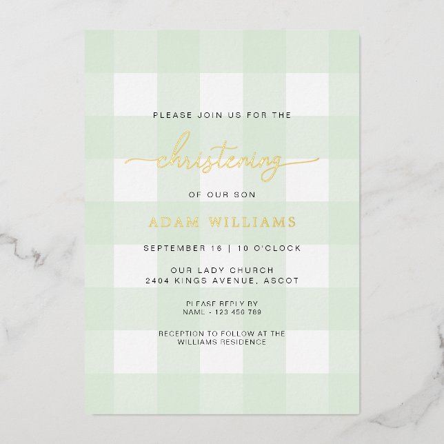 Mint Green Gingham Christening Foil Invitation (Front)