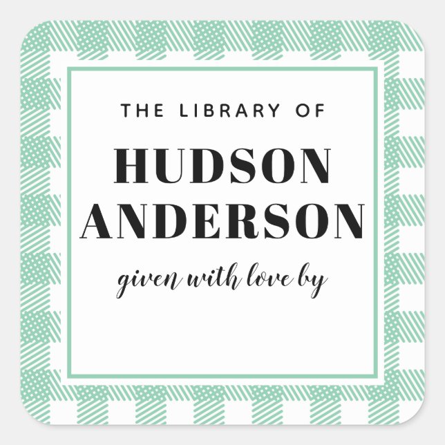 Mint Green Gingham Plaid Baby Boy Book Plate Square Sticker (Front)