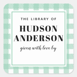 Mint Green Gingham Plaid Baby Boy Book Plate Square Sticker