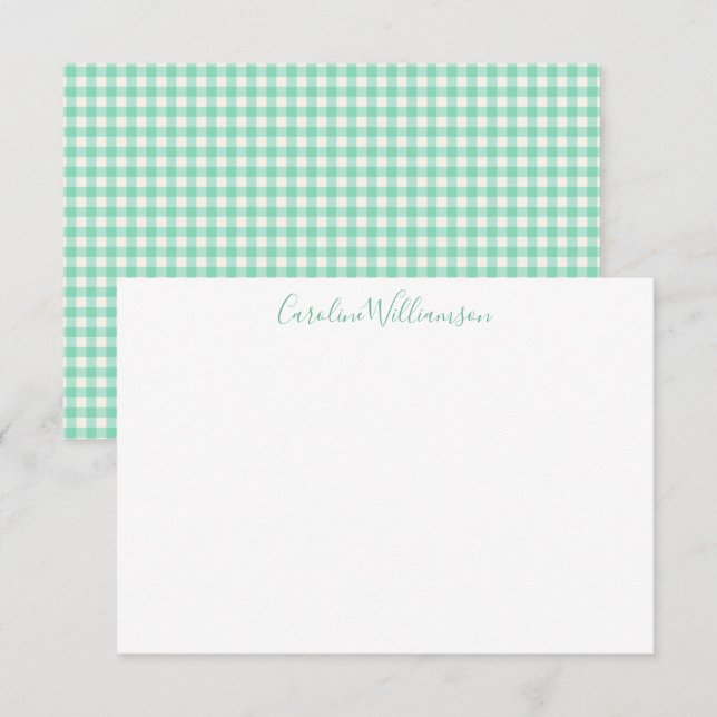 Mint Green Gingham Plaid Preppy Script Name Card (Front/Back)