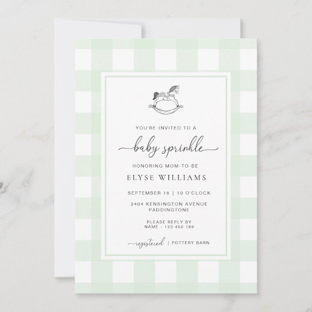 Mint Green Gingham Rocking Horse Baby Sprinkle Invitation (Front)