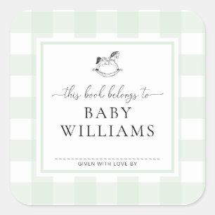 Mint Green Gingham Rocking Horse Bookplate Sticker
