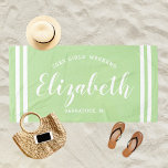 Mint Green Girls Weekend Monogram Name Beach Towel<br><div class="desc">Fresh mint green and white stripes bring a cool, relaxed vibe to this personalized girls' weekend beach towel. Arched Girls' Weekend text with year, a beautiful script monogram name, and editable destination complete the design. All text is fully customizable for bachelorette weekends, birthday getaways, and any girls' trip. A pretty...</div>