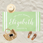Mint Green Girls Weekend Personalized Name Beach Towel<br><div class="desc">Personalized beach towel design for a girls' weekend vacation getaway features a custom first name in modern script writing framed by coastal stripes,  with custom text for the occasion. The mint green background colour can be modified. Please visit our shop for other colour options.</div>