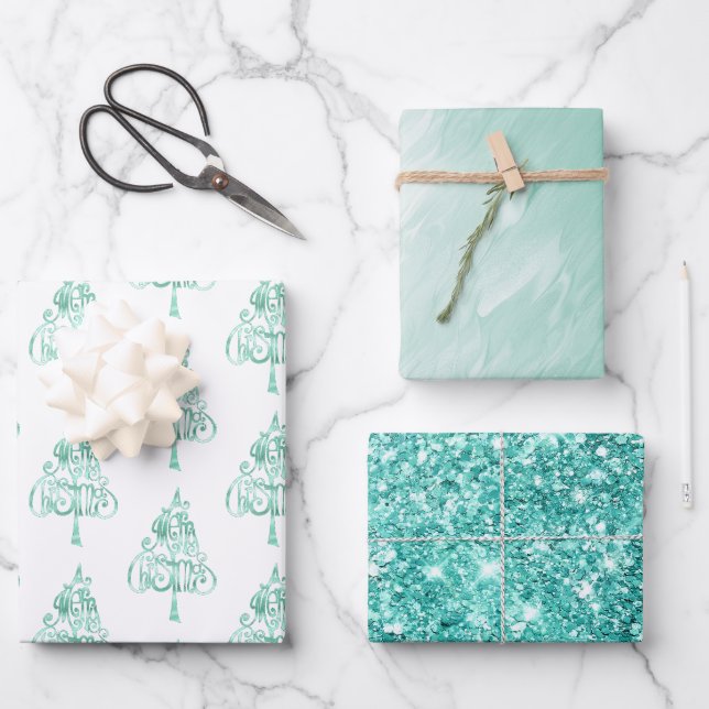 Mint Green Glam Glitter Christmas Wrapping Paper Sheet (Front)