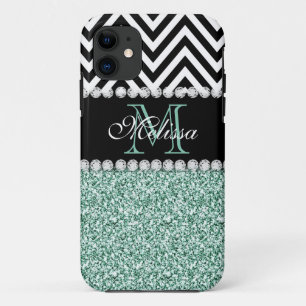 MINT GREEN GLITTER BLACK CHEVRON MONOGRAMMED iPhone 11 CASE