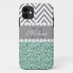 MINT GREEN GLITTER, GRAY CHEVRON, MONOGRAMMED iPhone 11 CASE