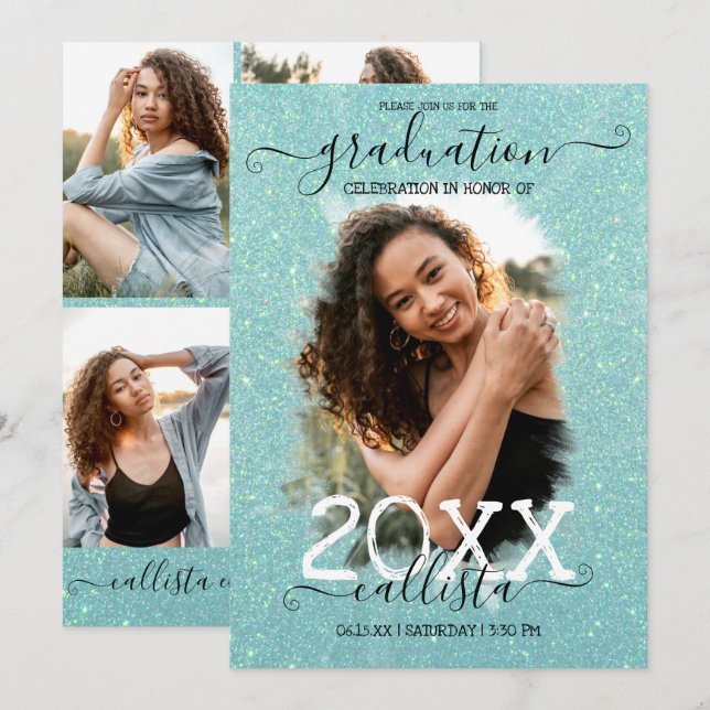 Mint Green Glitter Halo Photo Collage Graduation Invitation (Front/Back)