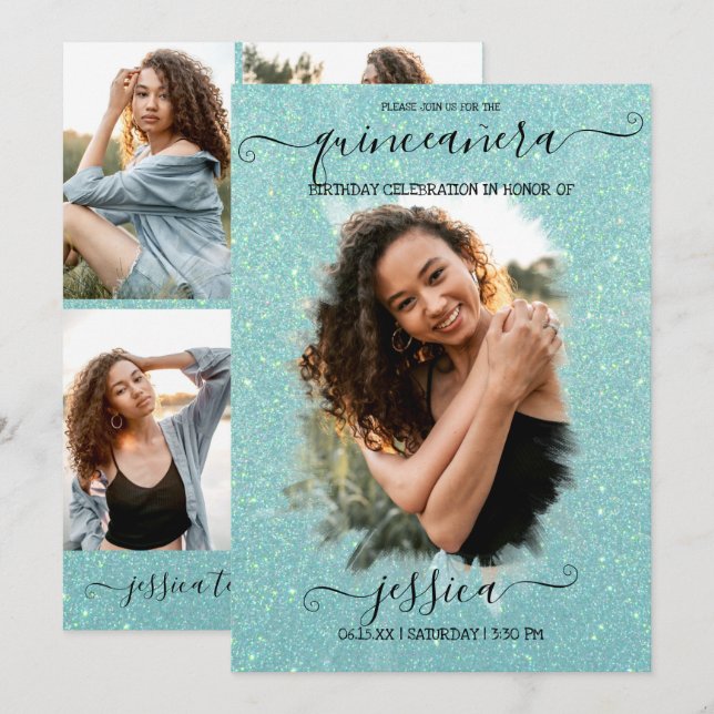 Mint Green Glitter Halo Photo Collage Quinceañera Invitation (Front/Back)