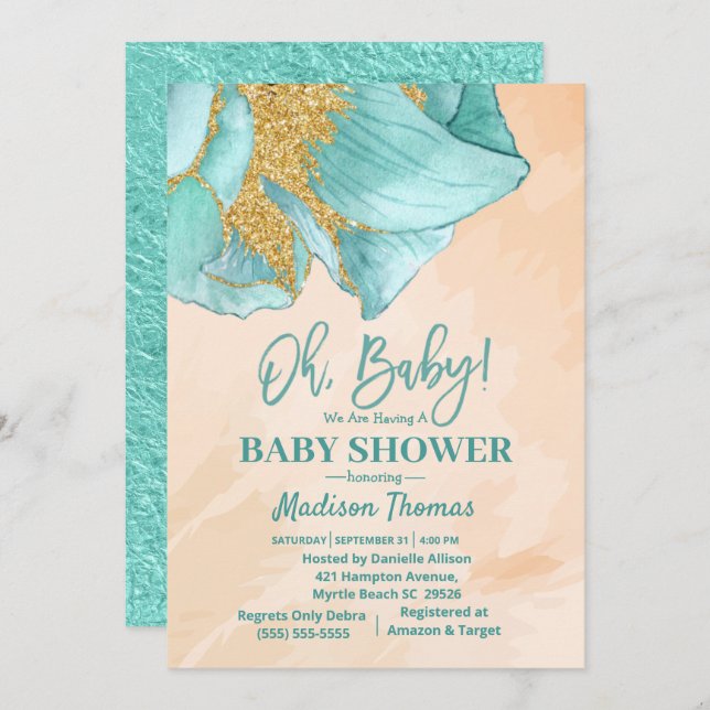 Mint Green Glitter Rose Boys Baby Shower   Invitation (Front/Back)