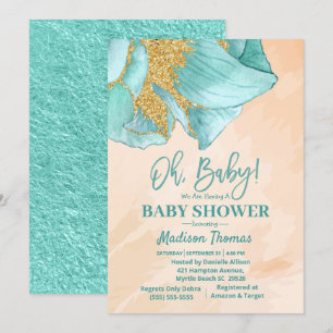 Mint Green Glitter Rose Boys Baby Shower   Invitation