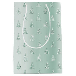 Mint Green Glitter Sparkle Christmas Trees   Medium Gift Bag