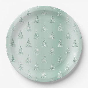 Mint Green Glitter Sparkle Christmas Trees Paper Plate