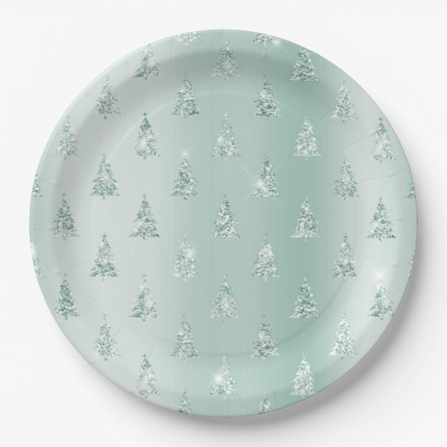 Mint Green Glitter Sparkle Christmas Trees     Paper Plate (Front)