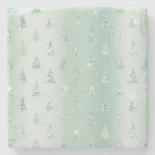 Mint Green Glitter Sparkle Christmas Trees     Stone Coaster