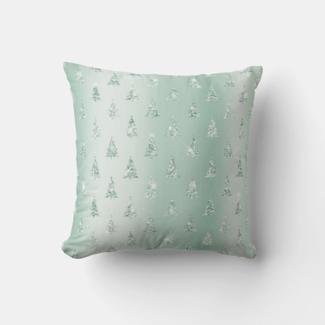 Mint Green Glitter Sparkle Christmas Trees    Throw Pillow (Front)