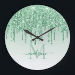 Mint Green Glitter Sparkle Glam Dripping Monogram Large Clock<br><div class="desc">Glam Mint Green Glitter Sparkle Dripping Monogram Large Clock</div>