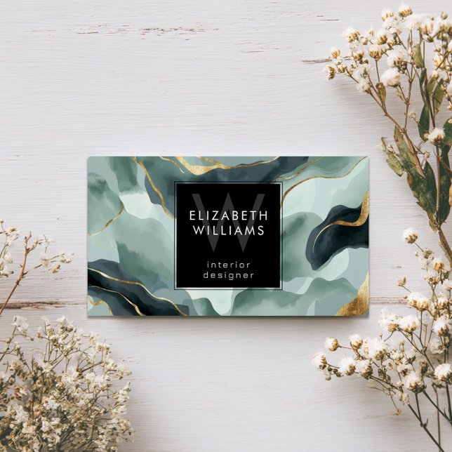Mint Green Gold Abstract Monogram Business Cards (Créateur téléchargé)